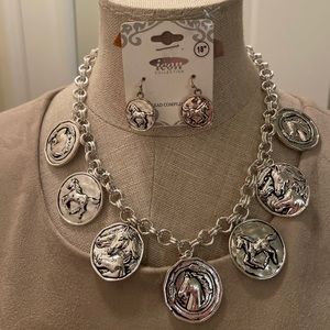 New set Western Faux Coin Necklace Earring set Money Medallion Horse Derby Day